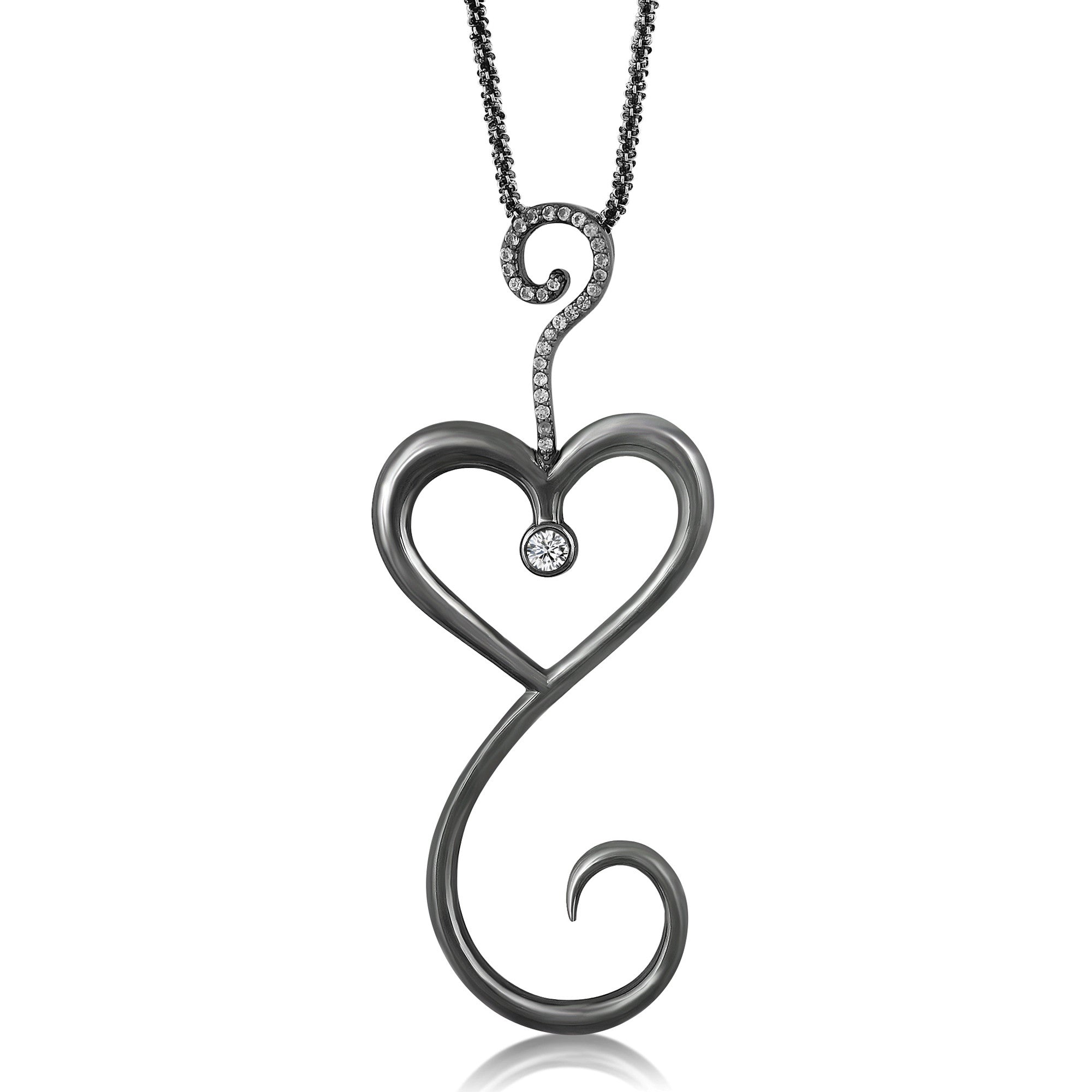 Intrikit Heart -Solid Sterling Silver .925 with a Black Rhodium finish and a White Topaz Pave and 3mm Sapphire Center Stone